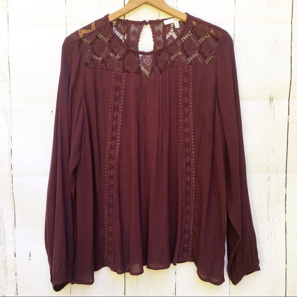Fever Top Boho Chic Lace Blouse Wine Berry Lace